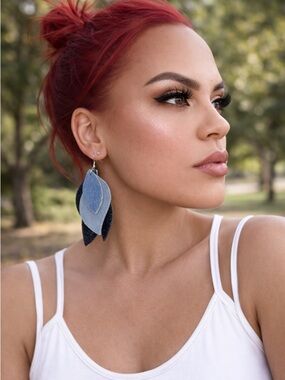 Statement Denim Layered Leaf Earrings
